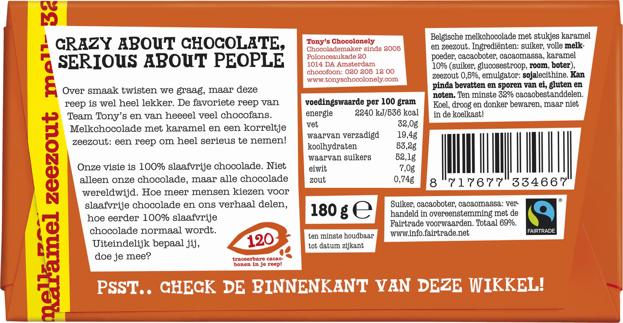 Tony's Chocolonely caramel sea salt 180 grams