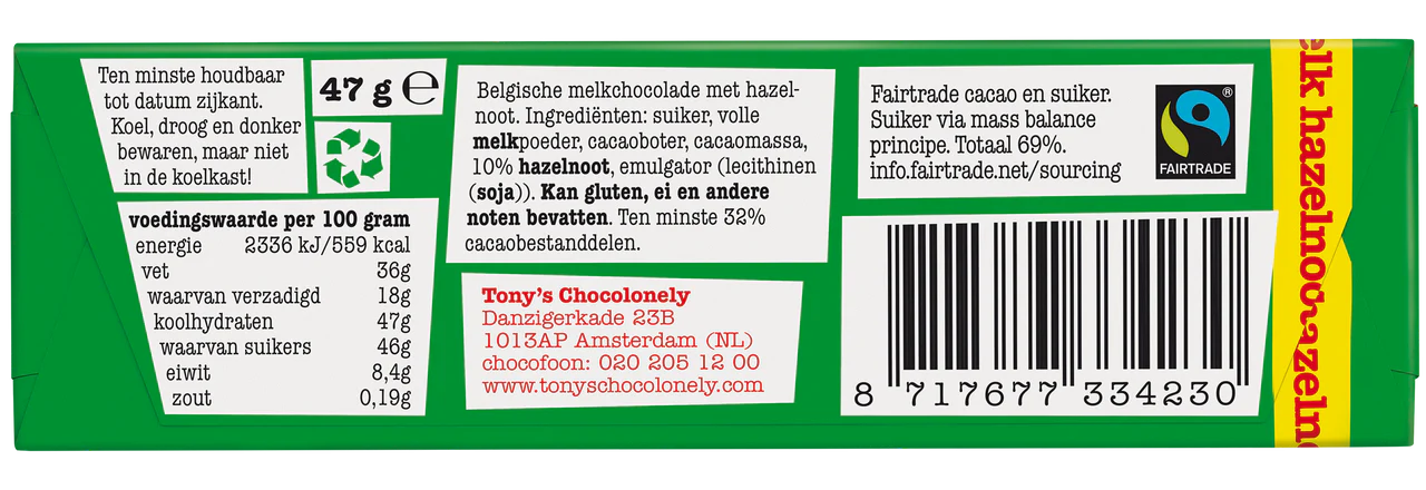 Tony's Chocolonely milk hazelnut 47 grams